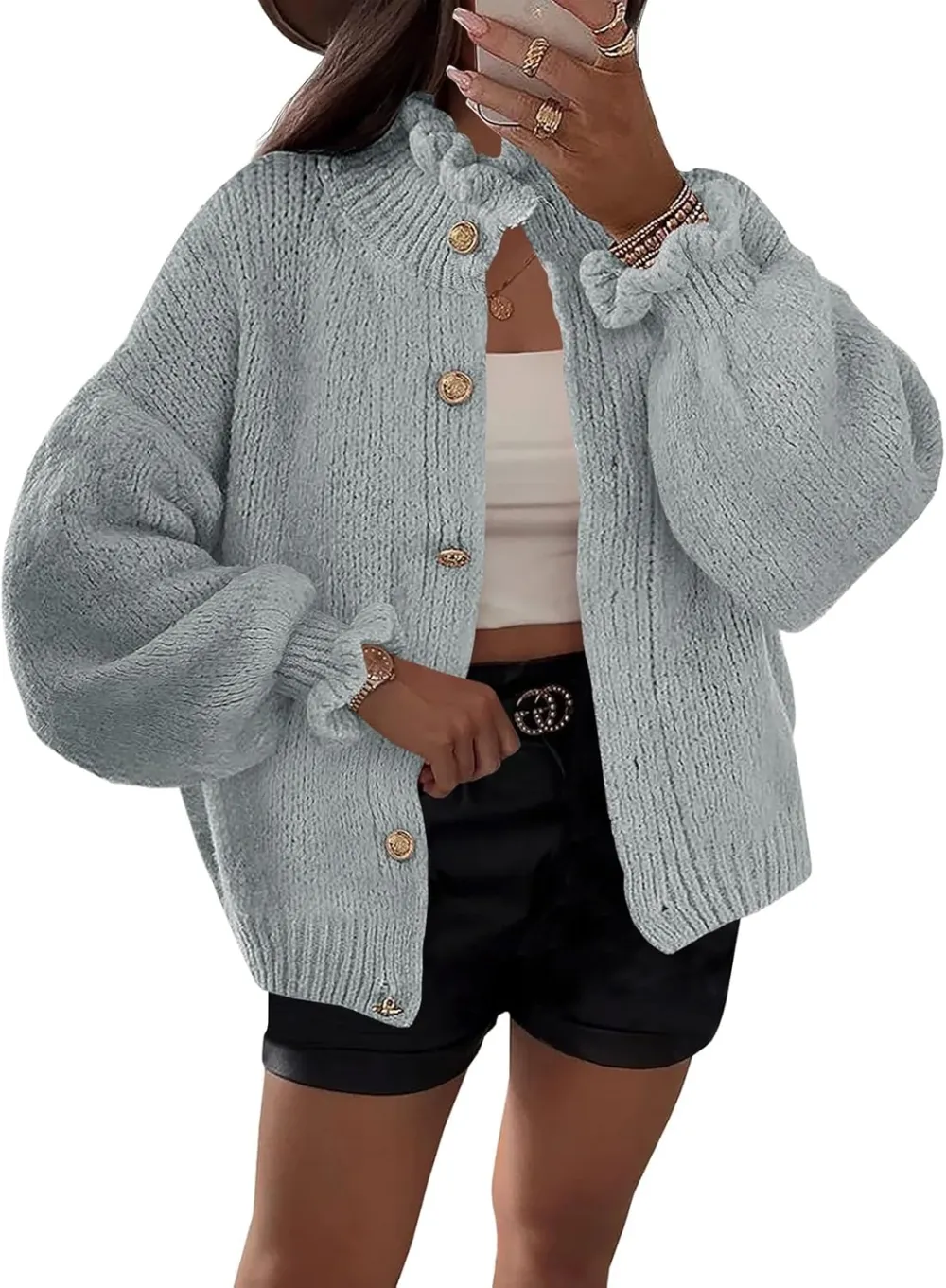 🎄Hot Sale Ruffle Cardigan Oversized Button Up Ribbed Knit Open Front Long Sleeve Loose Sweater