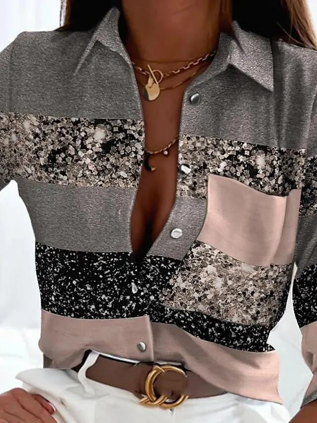 Women's Shirt Blouse Black Gray Color Block Button Print Long Sleeve Casual Basic Shirt Collar Regular Fit Spring Fall
