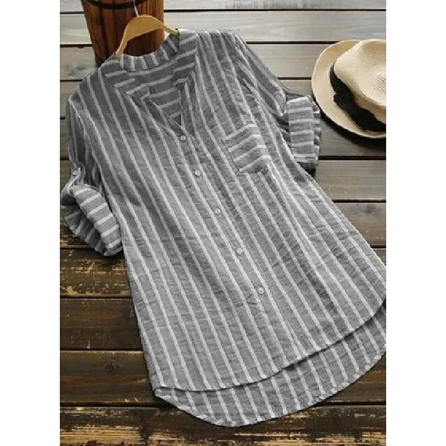 Blouse Women's Light Blue Black khaki Stripes Button Front Office S