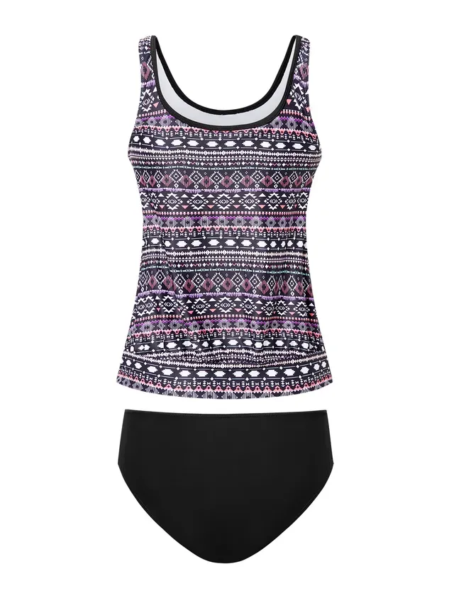 Vacation Ethnic Printing Scoop Neck Tankinis Two-Piece Set