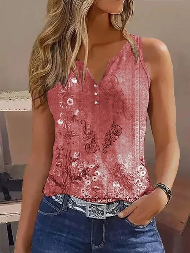 Women's Tank Top White Red Blue Floral Button Print Short Sleeve Casual Holiday Basic V Neck Regular Fit Floral