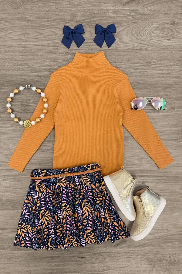 Knitted Turtleneck Fall Floral Skirt Set