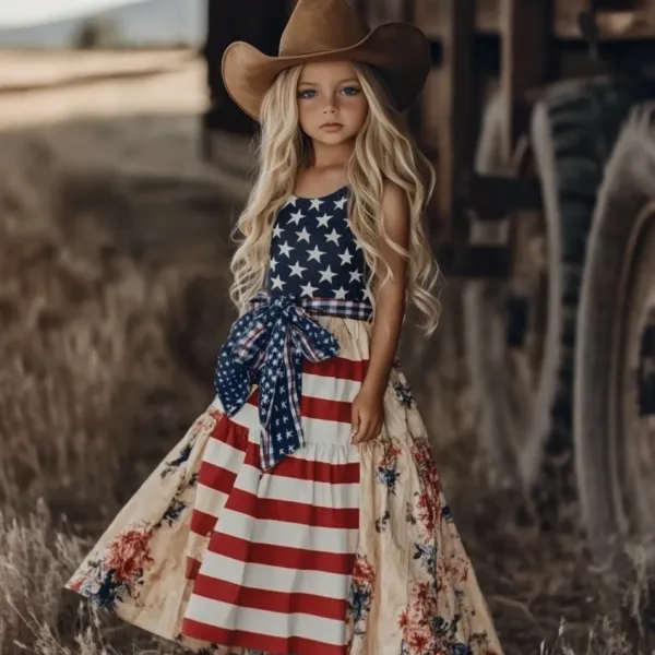 Young Girl's Independence Day Patchwork Floral America Flag With Bow Art Linen Tank Dress（with Belt）