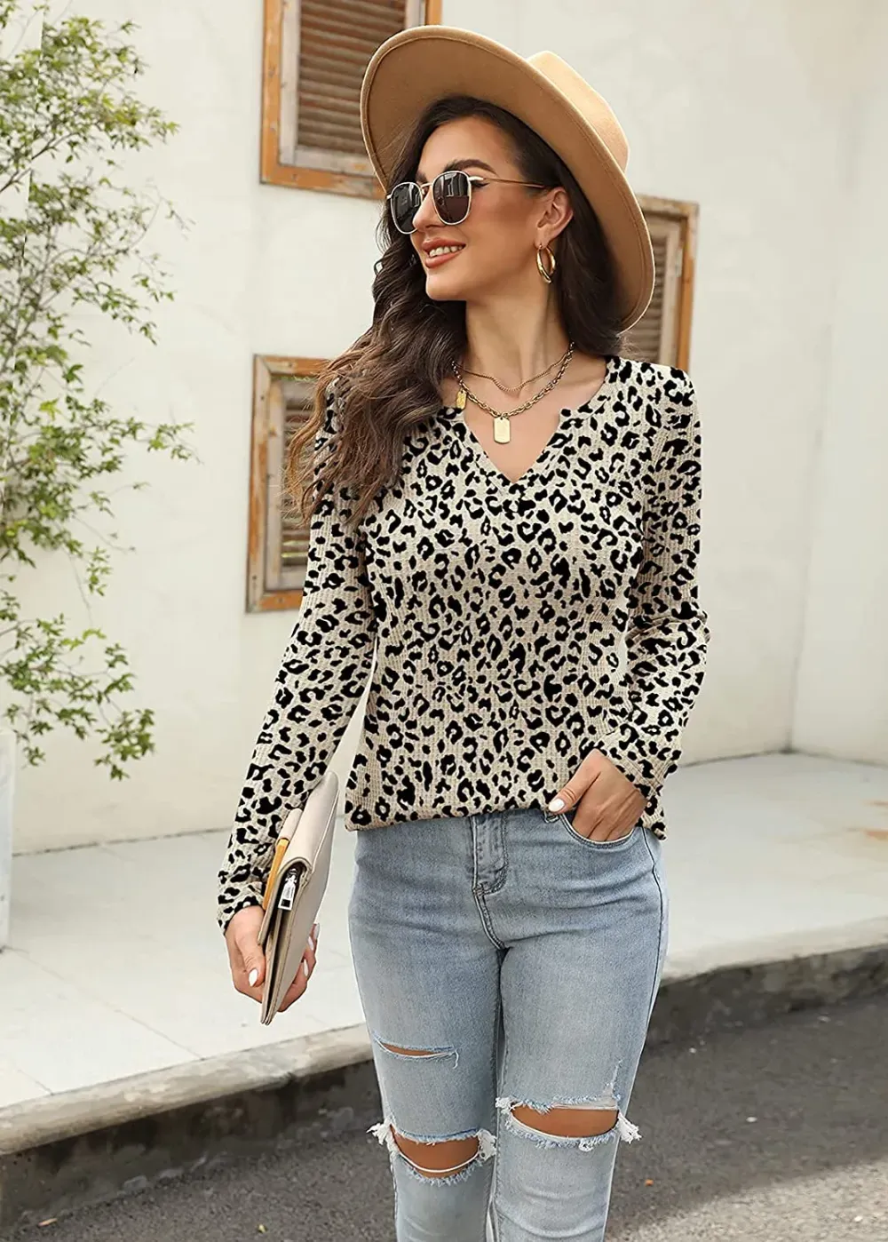 Women's V Neck Waffle Knit Henley Tops Casual Long Sleeve Pullover Sweater Blouses