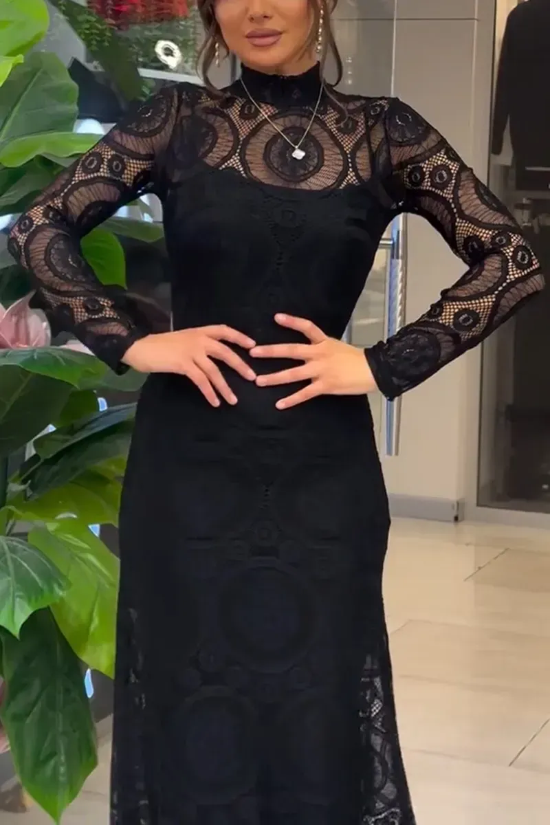 Women's Elegant Round Neck Sheer Lace Long Sleeve Dress