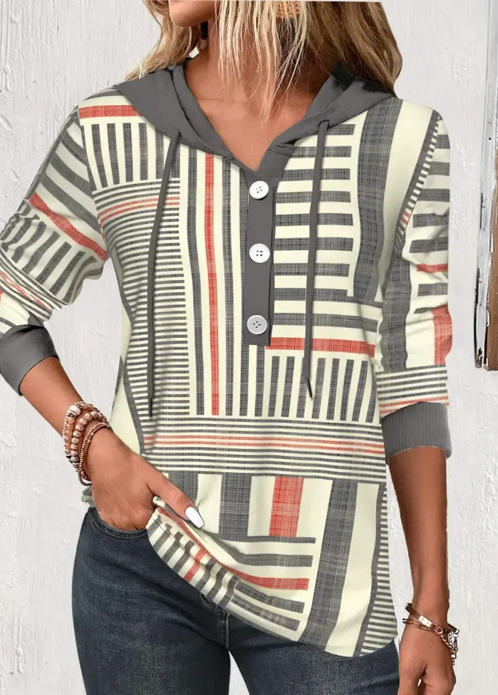 Multi Color Button Geometric Print Long Sleeve Hoodie