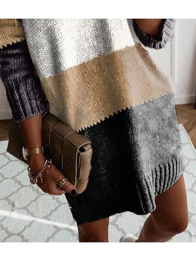 Women's Pullover Sweater Jumper V Neck Crochet Knit Knit Patchwork Knitted Fall Winter Tunic Going out Weekend Stylish Long Sleeve Color Gradient Brown S M L