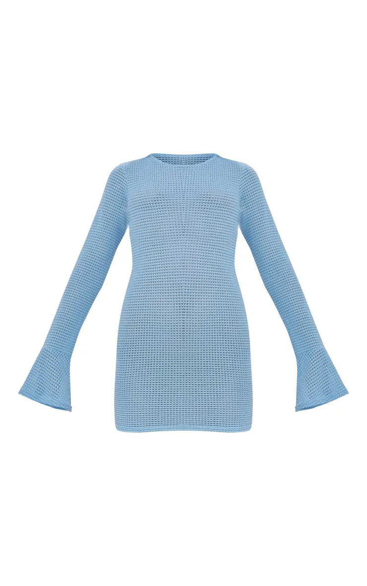 cream textured flared long sleeve bodycon dress