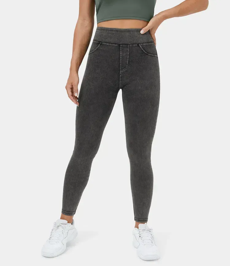 High Waisted Back Side Pocket Stretchy Knit Denim Casual Leggings