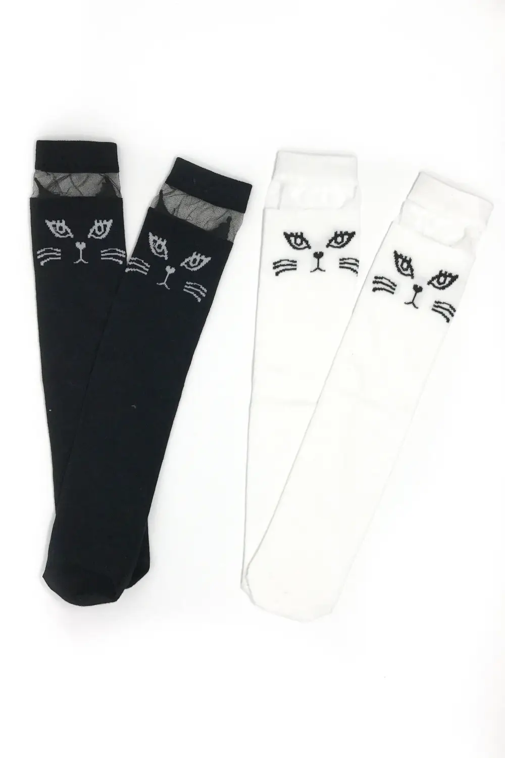 Cat Knee High Socks - Black & White