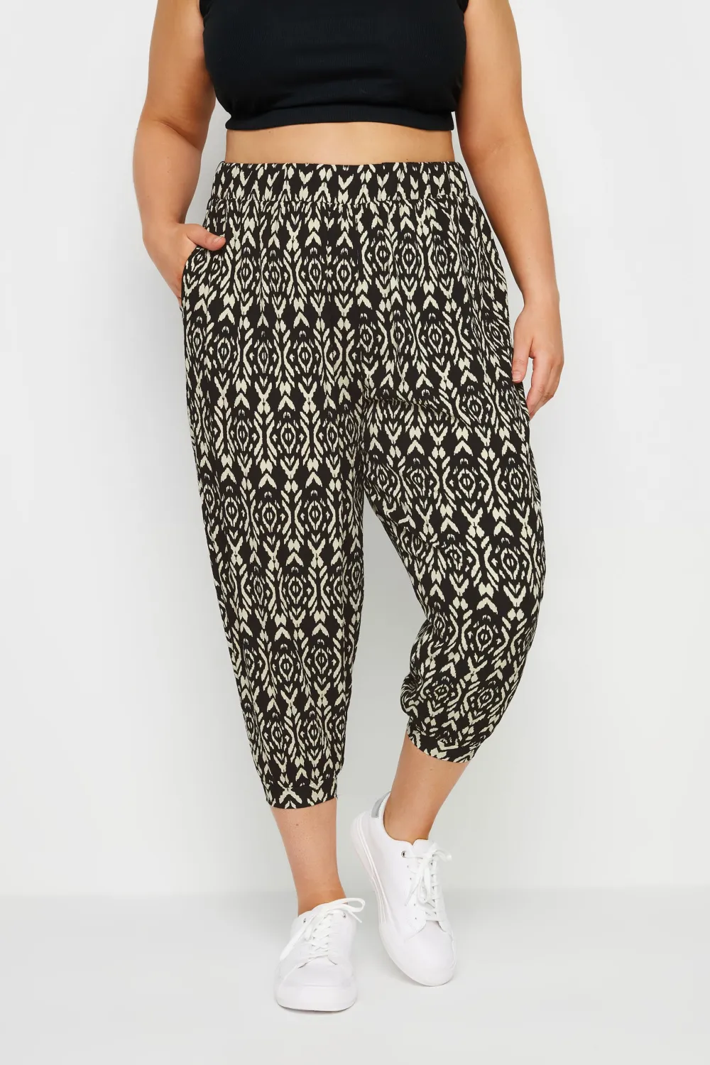 YOURS Curve Yellow Ikat Print Textured Cropped Harem Trousers