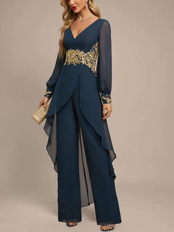 Jumpsuit/Pantsuit Separates V-Neck Floor-Length Chiffon Evening Dress With Appliques Lace