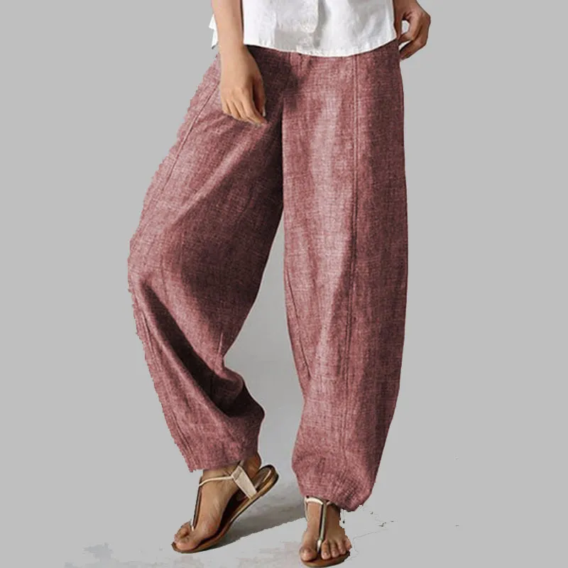 Solid color high waist loose linen casual pants