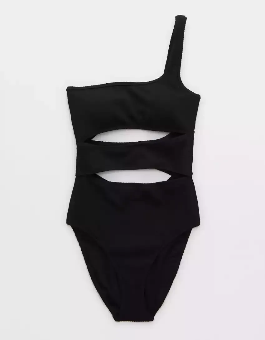 Aerie Crinkle Cut Out One Shoulder One Piece Swimsuit
