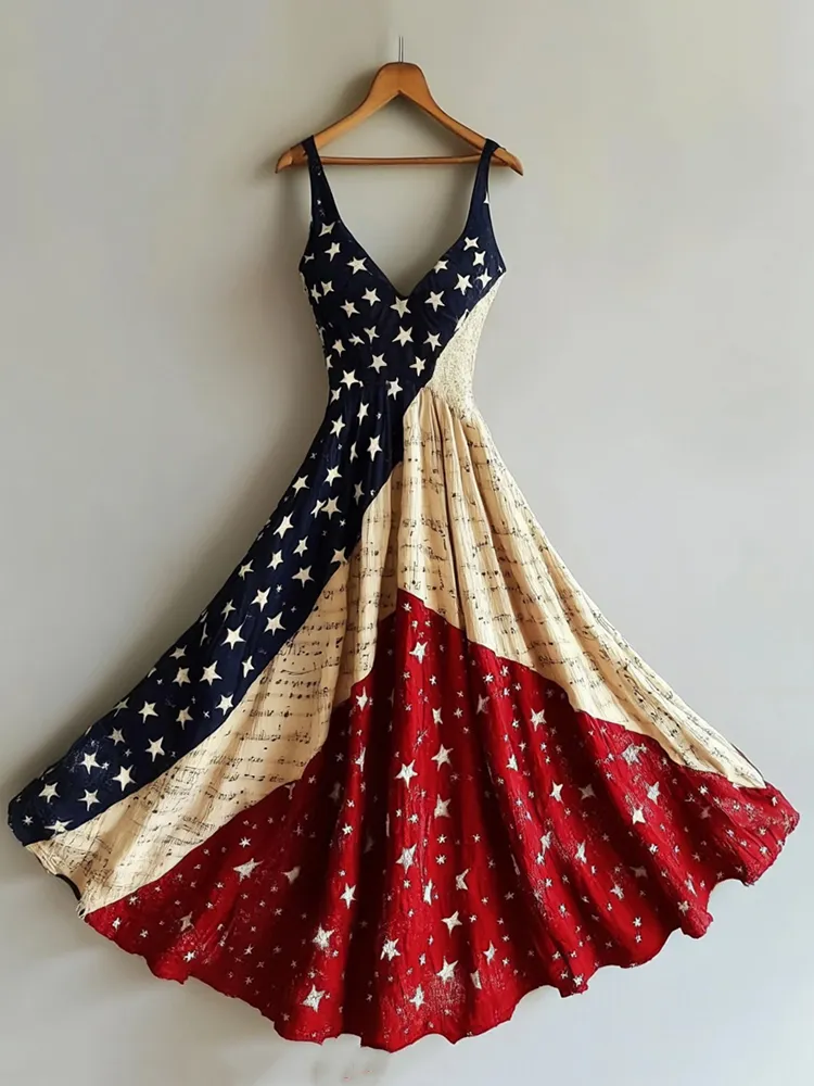 Women's Independence Day Flag And Musical Notes Pattern Suspender Dress