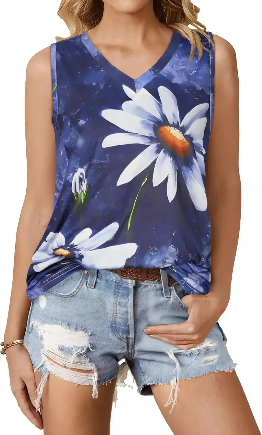 Summer Tops for Women Sleeveless V Neck Tshirt Loose Fit Casual Tank Tunic Blouse