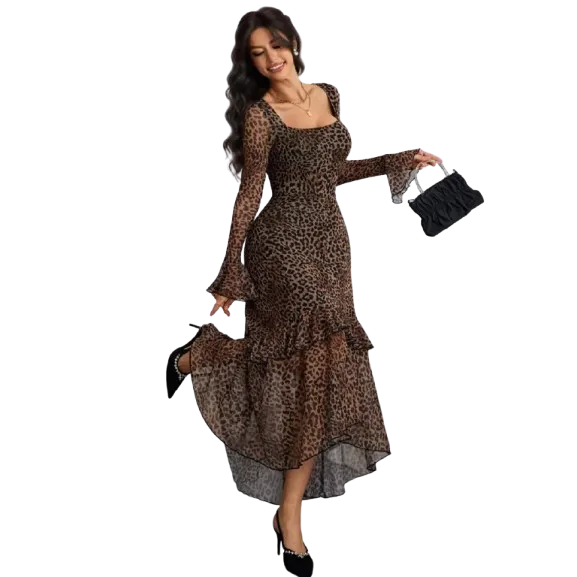 Women's Elegant Fashion Casual Square Neck Long Sleeve Dress