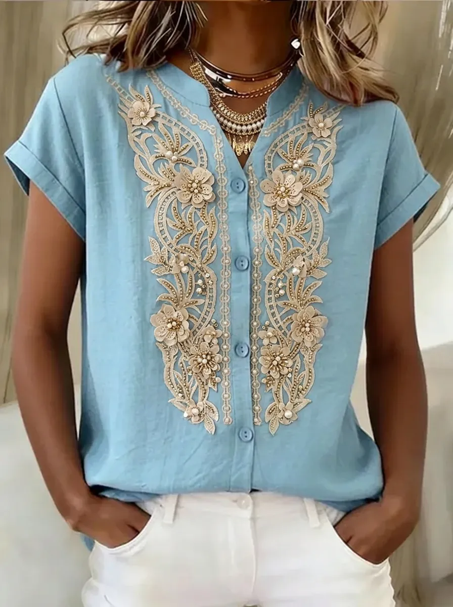Women's Nashville Floral Embroidery Printed Button-Down Shirt