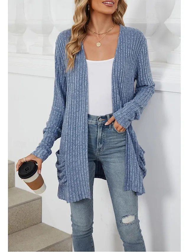 Women's Cardigan Open Front Ribbed Knit Pocket Spring Fall Work Daily Elegant Casual Long Sleeve Solid Color Black Army Green