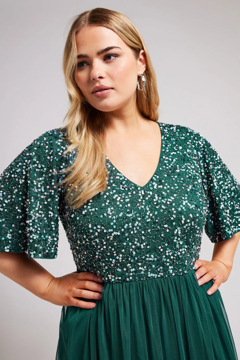 LUXE Curve Forest Green Sequin Hand Embellished Maxi Dress