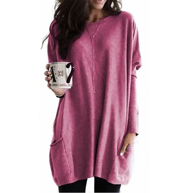 T shirt Tee Women's Wine Red Darkblue Black Solid / Plain Color Patchwork Pocket Street Daily Daily Classic Round Neck Regular Fit S