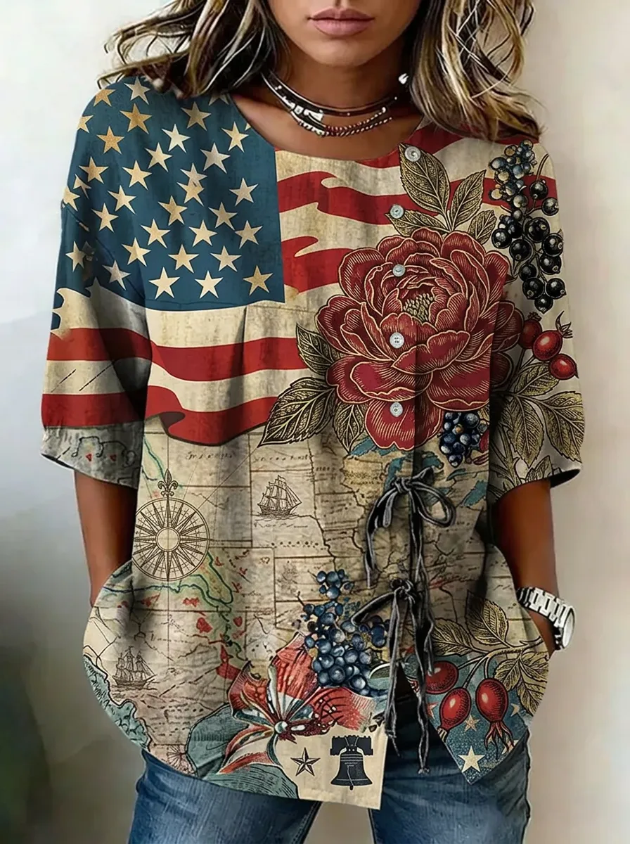 Women's Nashville USA Flag Floral Map Printed Top