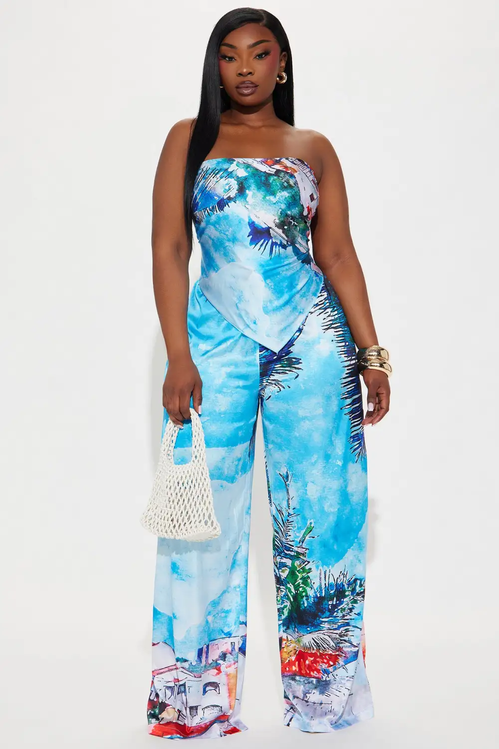 Tropical Babe Satin Pant Set - Blue/combo