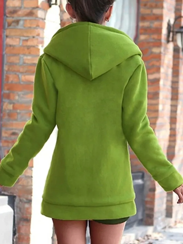 Women's Winter Coat Hoodie Jacket Street Fall Winter Regular Short Coat Regular Fit Windproof Warm Stylish Contemporary Casual Jacket Long Sleeve Plain with Pockets Full Zip Red Blue Green