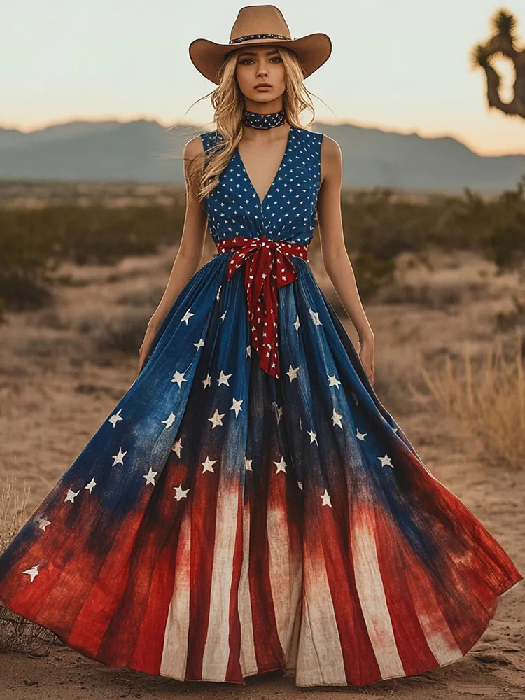 Women's Vintage Independence Day Flag Gradient Graphics Sleeveless Casual Maxi Dress