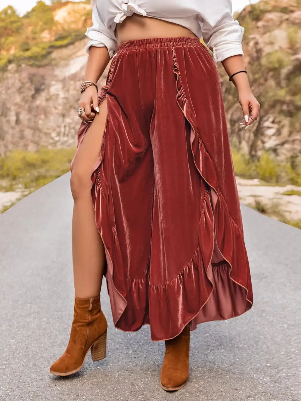 Relaxed Plus Size Velvet Ruffle Hem Wide Leg Pants