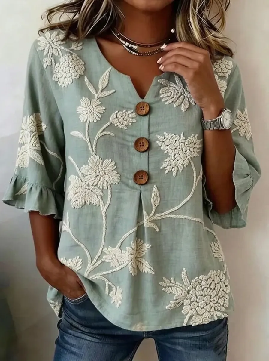 Women's Nashville Floral Embroidered Button-Down Ruffle Sleeve Top