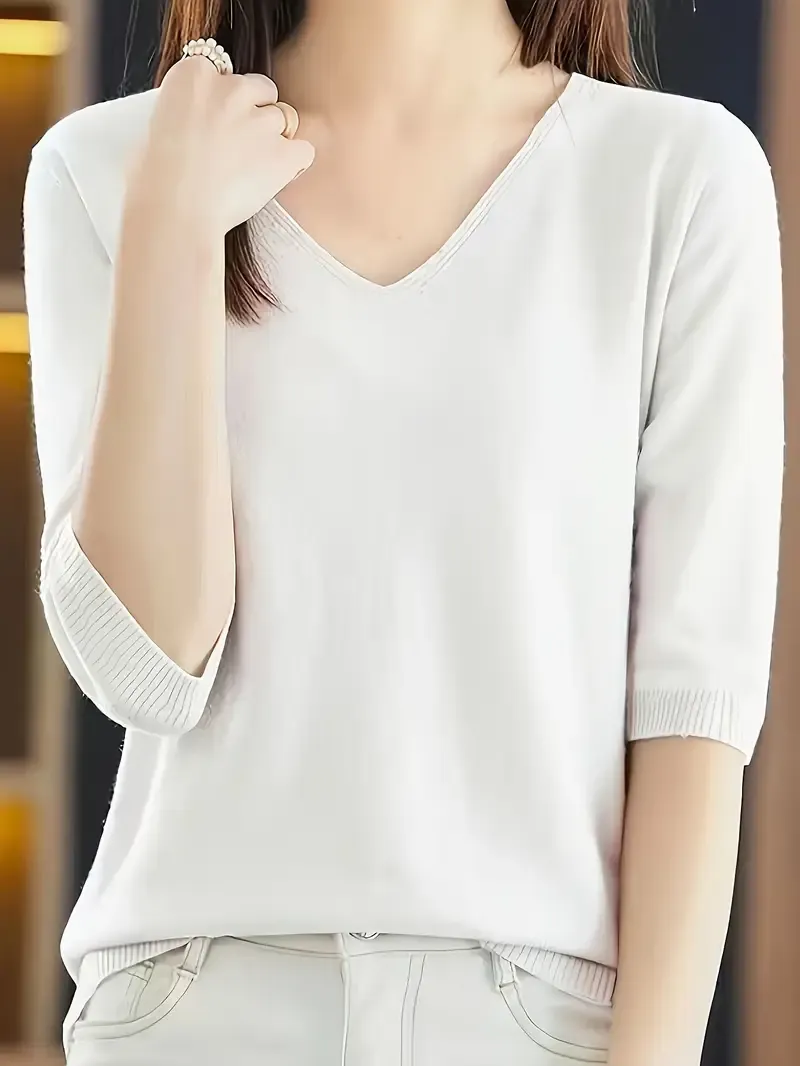 Solid Color V-neck Sweater, Versatile Half Sleeve Knitted Top For Spring & Fall, Women's Clothing
