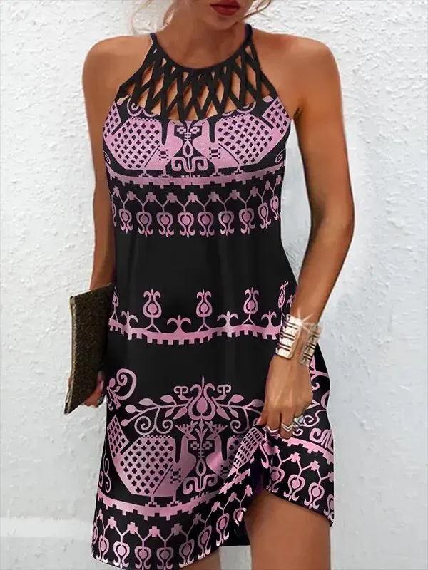 Women's A Line Dress Short Mini Dress Sleeveless Ruched Print Summer Fall Crew Neck Jersey Halter Casual Modern
