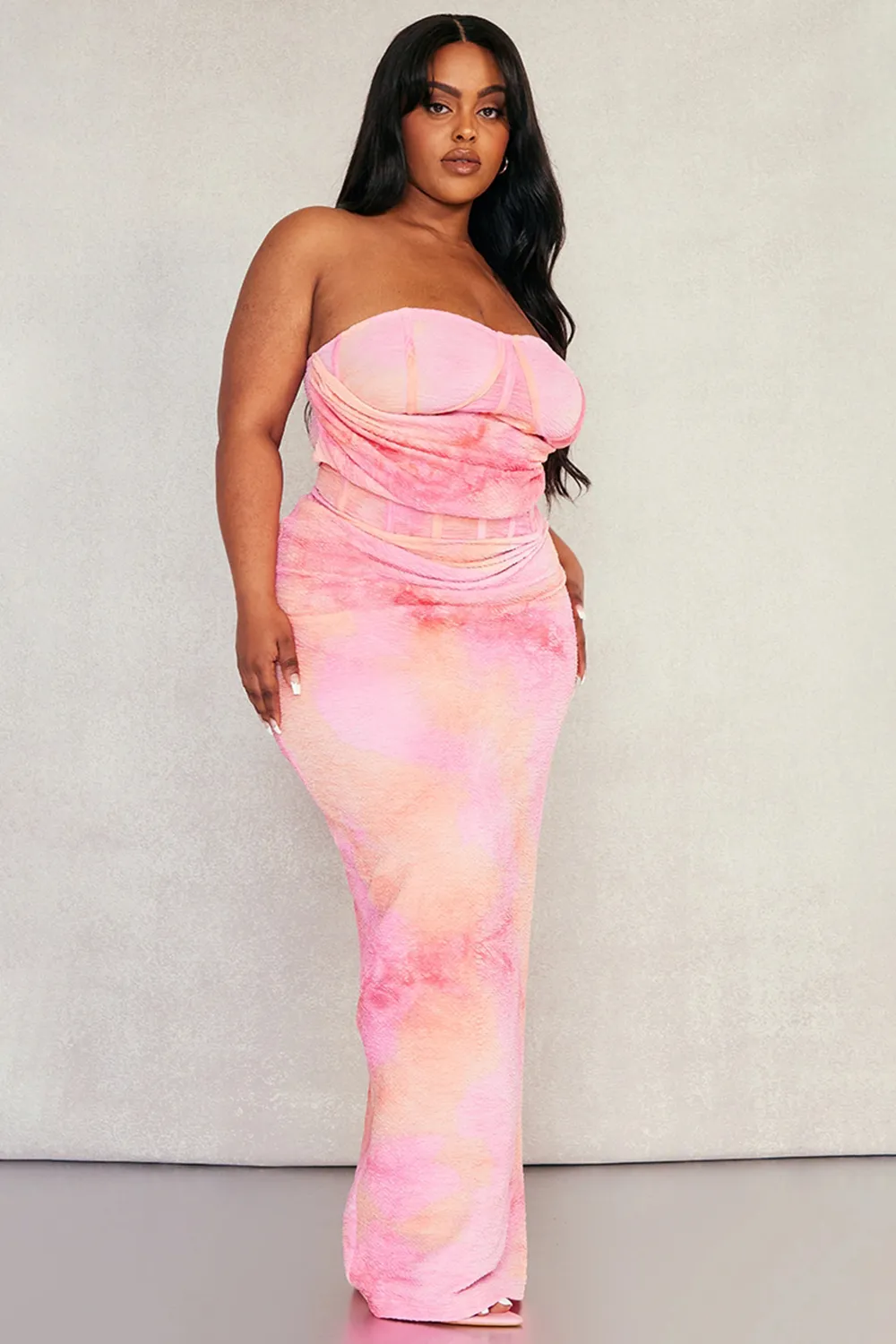 Plus Pink Tie Dye Print Drape Corset Maxi Dress