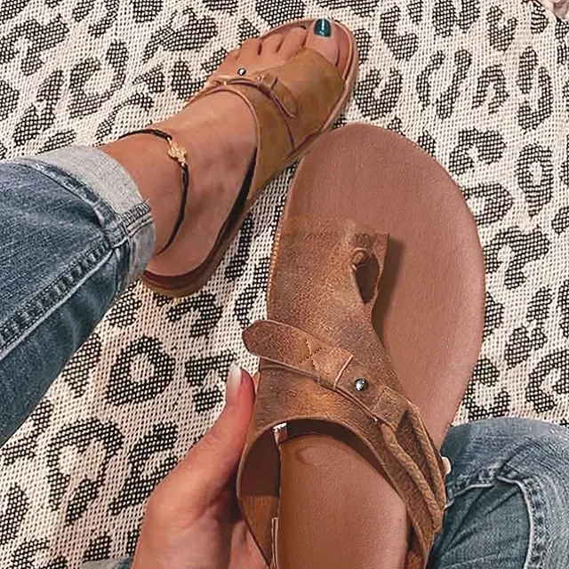 Women's Sandals Orthopedic Sandals Bunion Sandals Plus Size Daily Beach Summer Buckle Flat Heel Casual Faux Leather Loafer Solid Colored Black Brown Gray