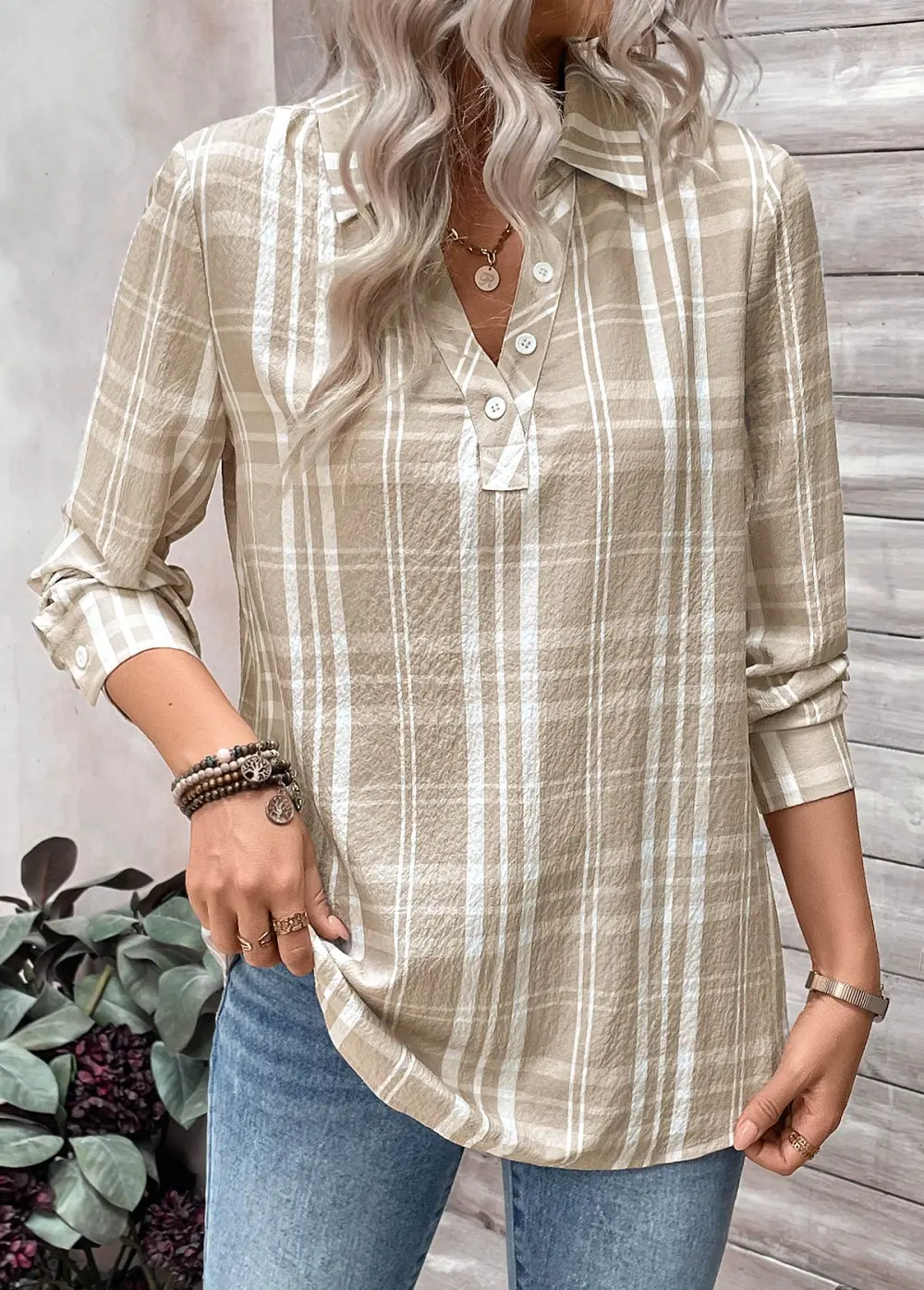 Light Coffee Button Plaid Long Sleeve Shirt Collar Blouse