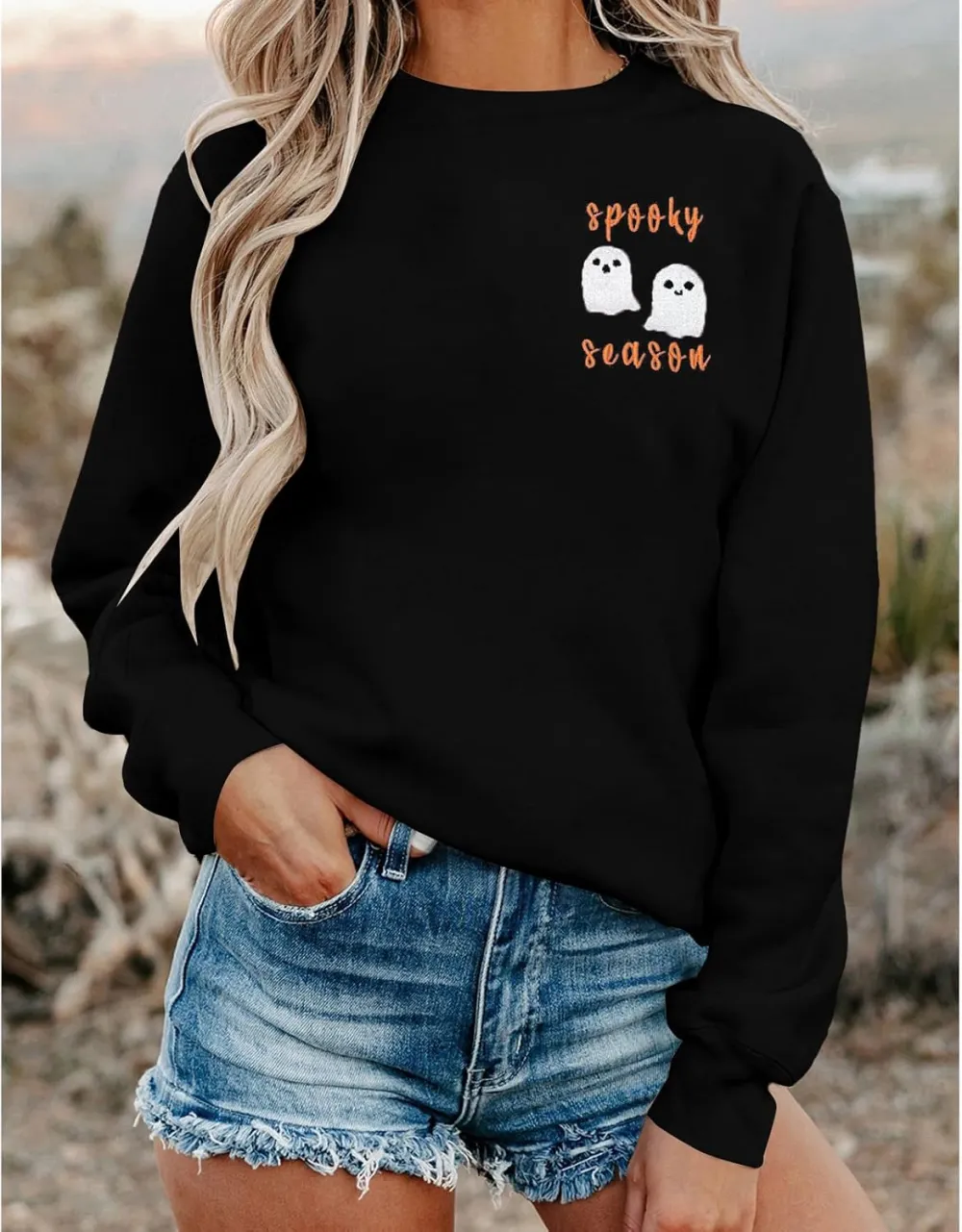LOTUCY Halloween Sweatshirt Women Cute Spooky Season Sweatshirts Ghost Fall Embroidered Sweater Pullover Top