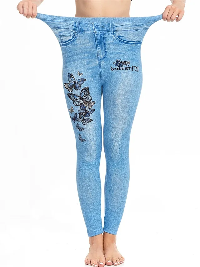 Women's Slim Pants Trousers Leggings Full Length Faux Denim Pocket High Cut High Elasticity High Waist Fashion Streetwear Street Causal Lake Blue Royal Blue S M Summer Fall