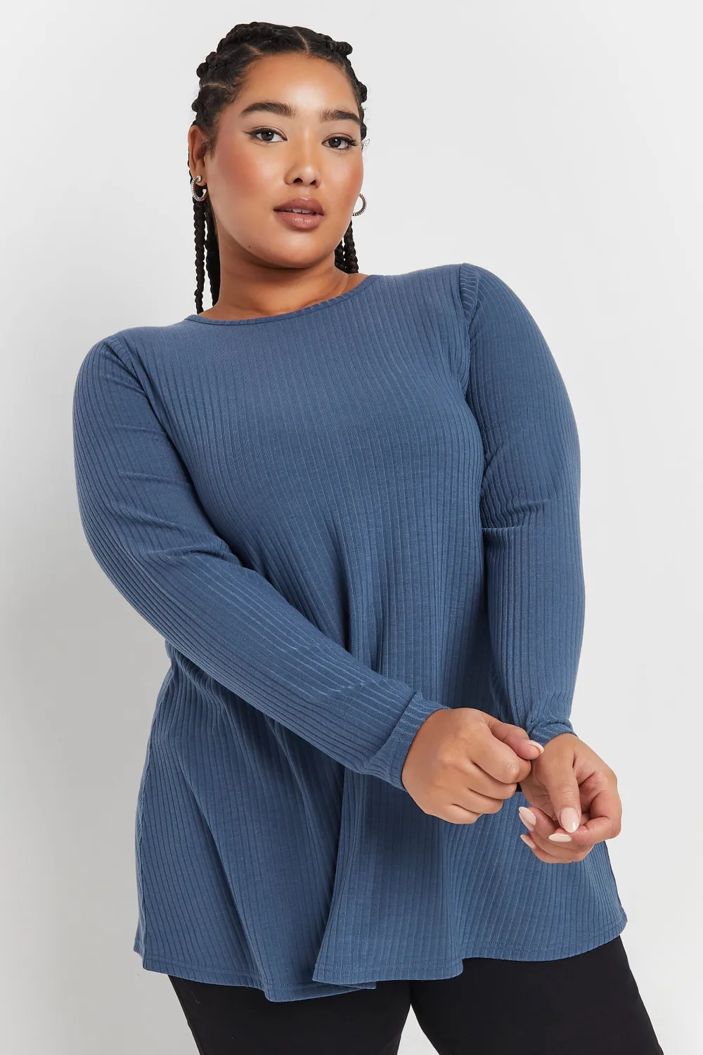 YOURS Curve Black Long Sleeve Ribbed Swing Top