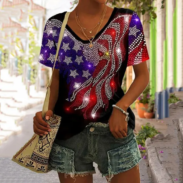 Women's Independence Day Eagle Star Sequins Art Print T-Shirt