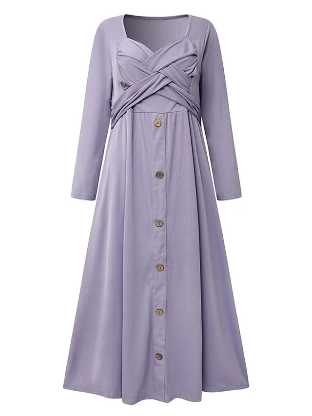 Women's Casual Dress Pleated Dress Plain Dress Plain Ruched Button V Neck Midi Dress Fashion Mature Outdoor Street Half Sleeve Loose Fit White Purple Green Summer Spring S M L XL XXL