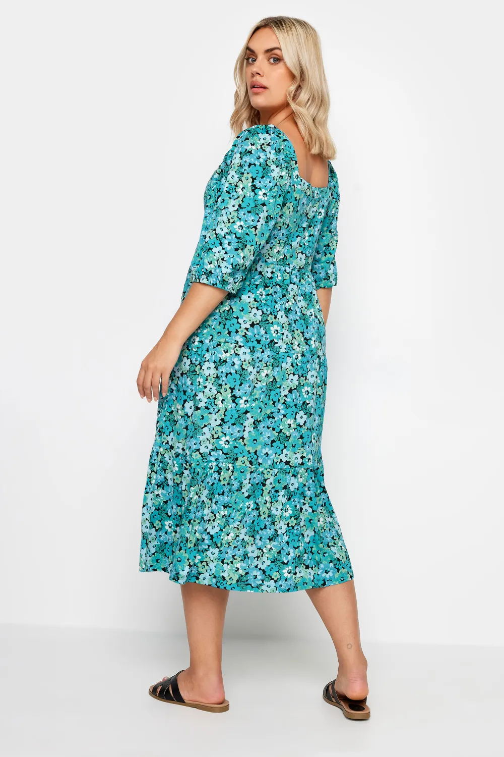 YOURS Curve Blue Floral Print Tiered Midi Dress