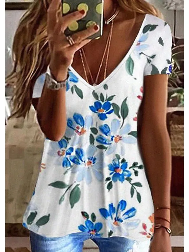 Women's T shirt Tee Going Out Tops Graphic Black White Blue Print Short Sleeve Daily Weekend Tunic Basic V Neck Regular Fit