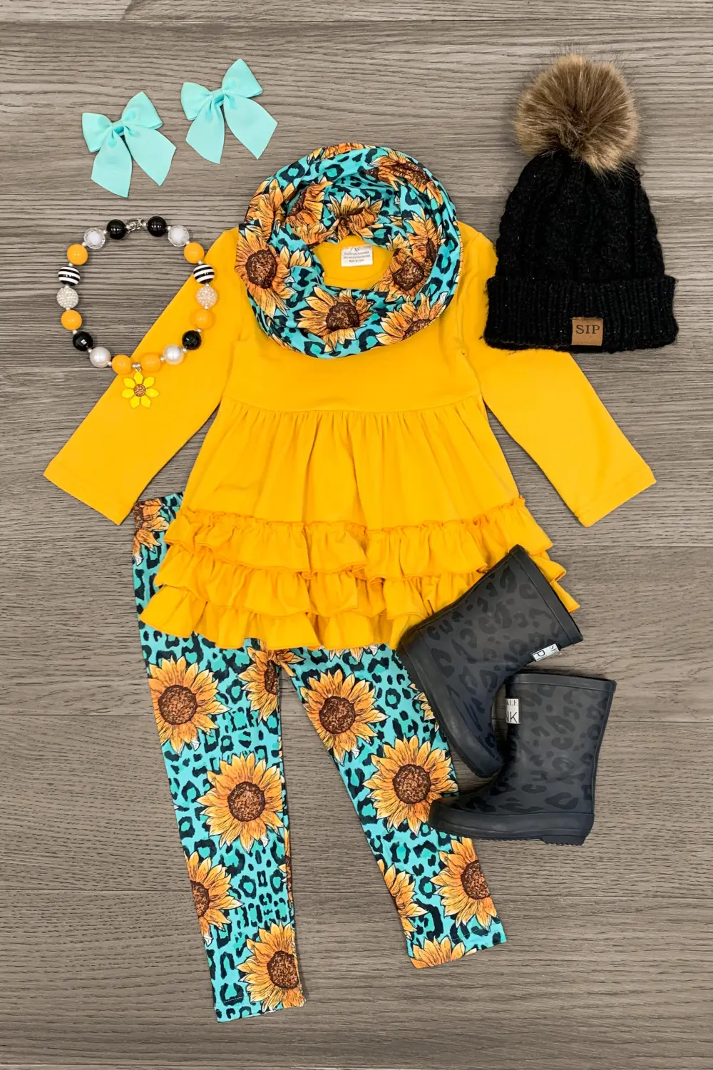 Mustard Sunflower Cheetah Ruffle Scarf Set