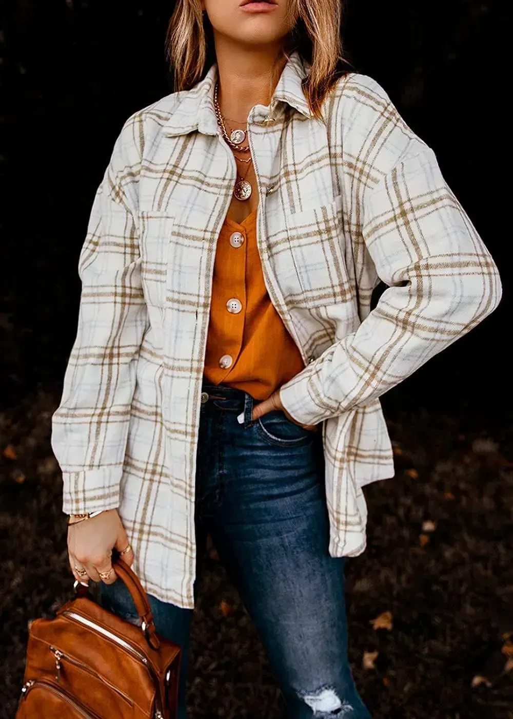 Women's 2023 Fall Clothes Plaid Shacket Jacket Long Sleeve Button Down Flannel Shirts Fashion Blouse