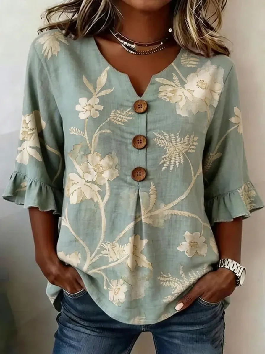 Women's Nashville Floral Botanical Printed Button-Down V-Neck Top