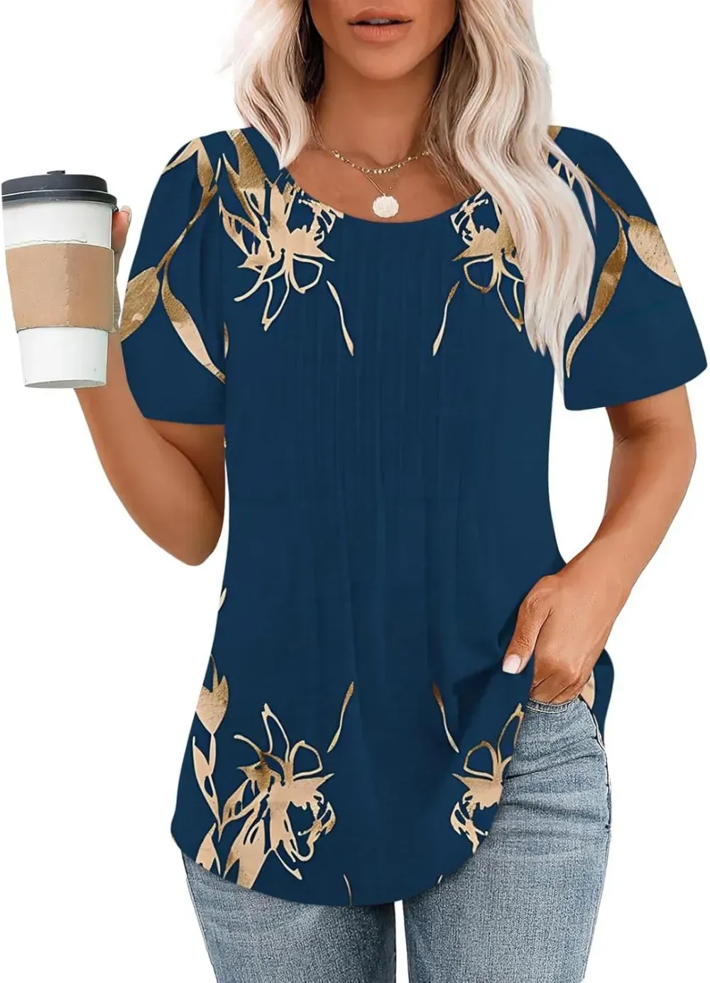 Womens Summer Pleated Front Shirts Tunics Casual Short Sleeved Loose Round Neck Boho Printed Tops Vacation Blouse