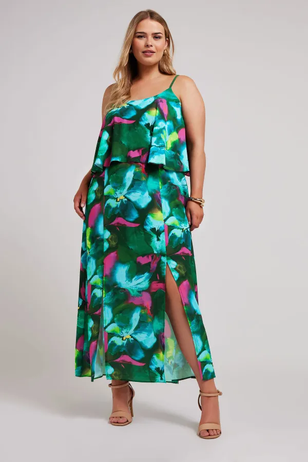 YOURS LONDON Curve Green Floral Print Overlay Maxi Dress