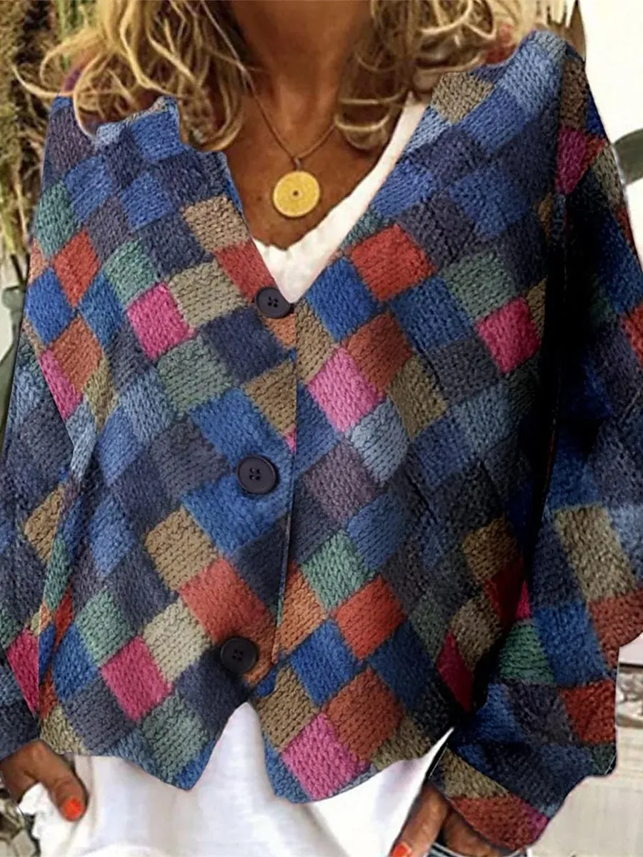 Women's Casual Jacket Vacation Street Daily Wear Fall Winter Regular Coat V Neck Loose Fit Windproof Breathable Stylish Sporty Chic & Modern Jacket Long Sleeve Stripes and Plaid Print Gray