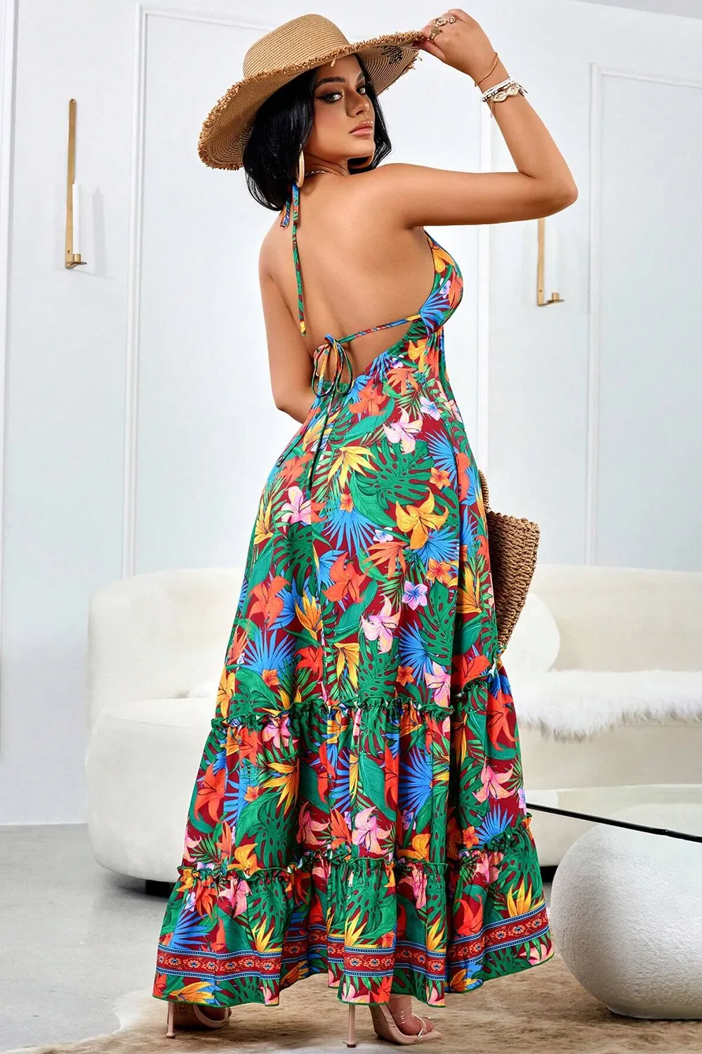 Print Tie Backless Halter Dresses